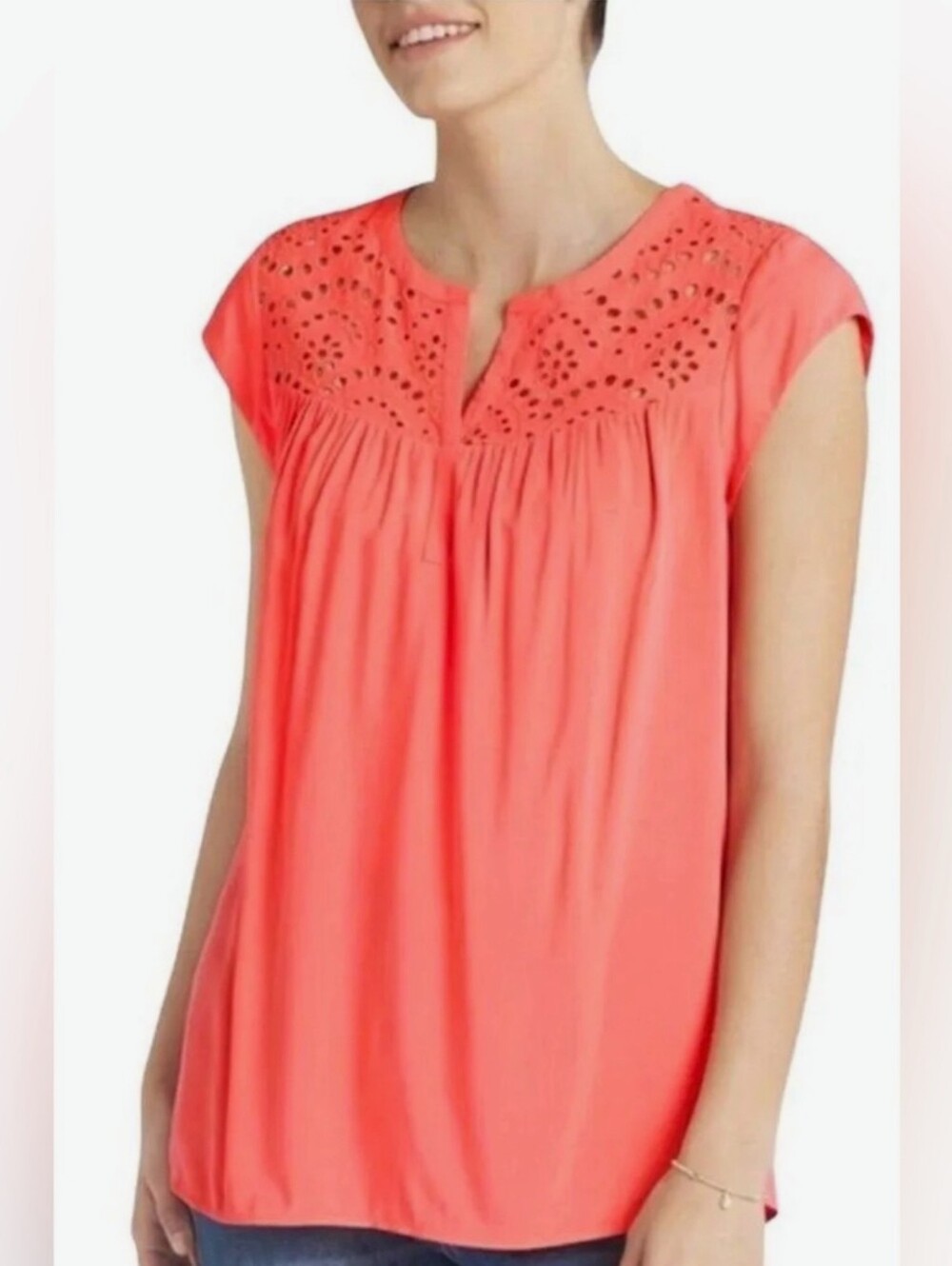 Daniel Rainn NWT "Kiara' Coral Eyelet Yoke Cap-Sleeve 100% Rayon Top -size M